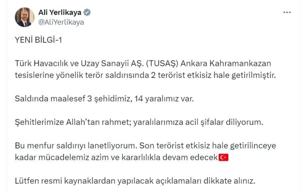 TUSAŞ'a terör saldırısı; 3 şehit, 14 yaralı 