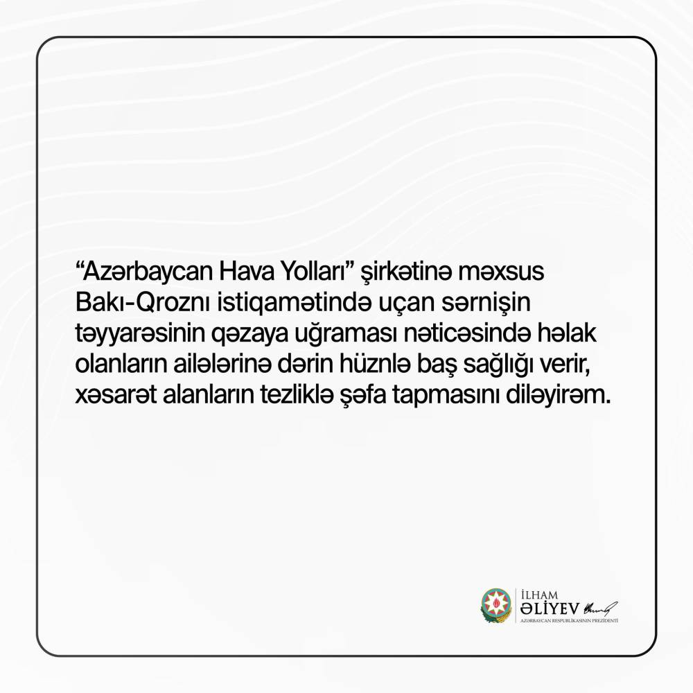 Azerbaycan Cumhurbaşkanı Aliyev'den uçak kazasında hayatını kaybedenler için taziye mesajı