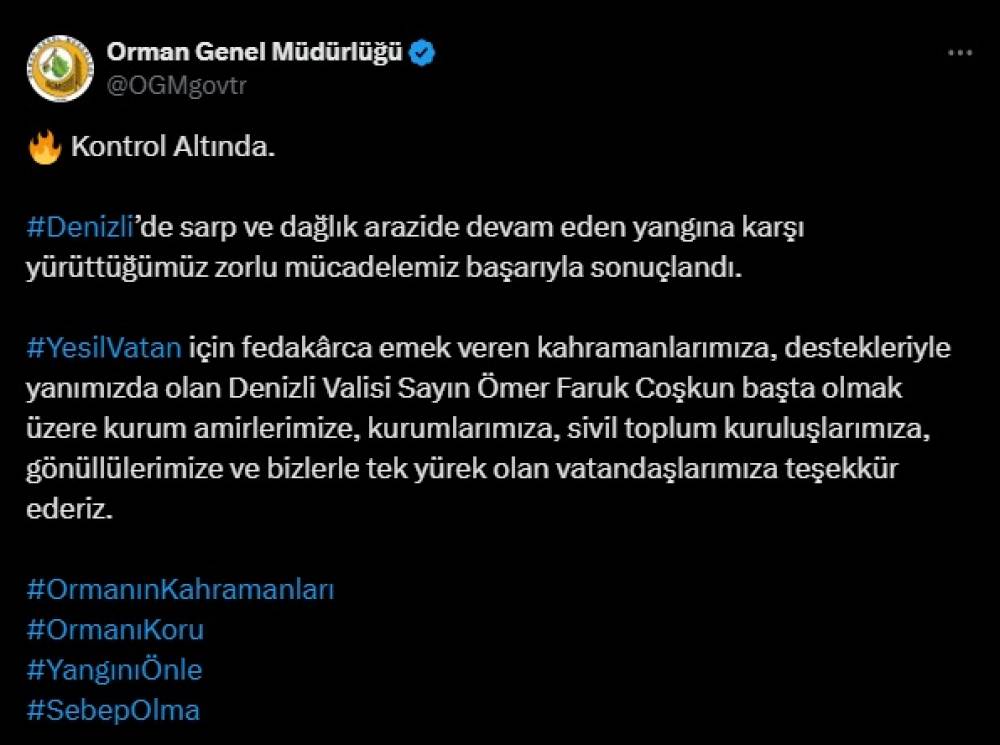 Denizli'deki orman yangını altıncı gününde kontrol altına alındı 