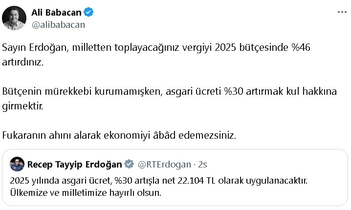 Ali Babacan: Asgari ücreti yüzde 30 artırmak kul hakkına girmektir