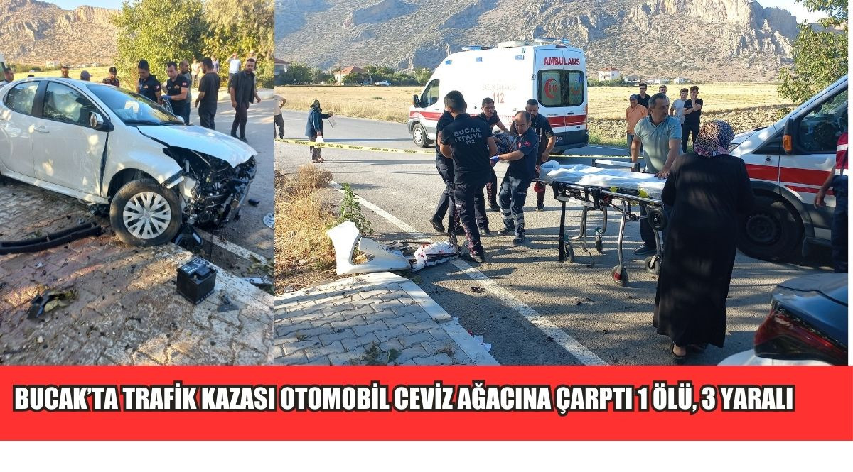 BUCAK’TA TRAFİK KAZASI OTOMOBİL CEVİZ AĞACINA ÇARPTI  1 ÖLÜ, 3 YARALI